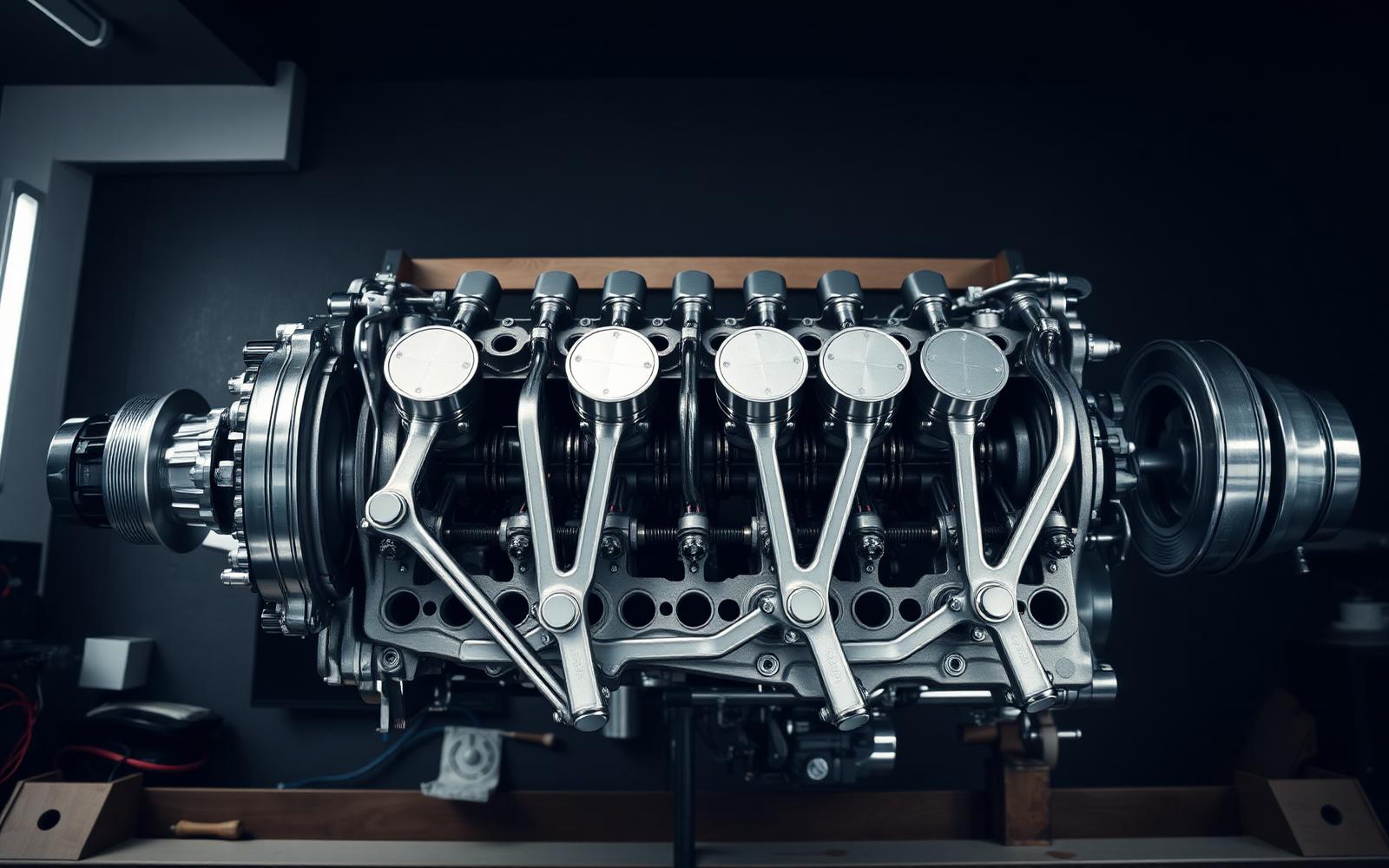 Engine internals on the workshop bench
